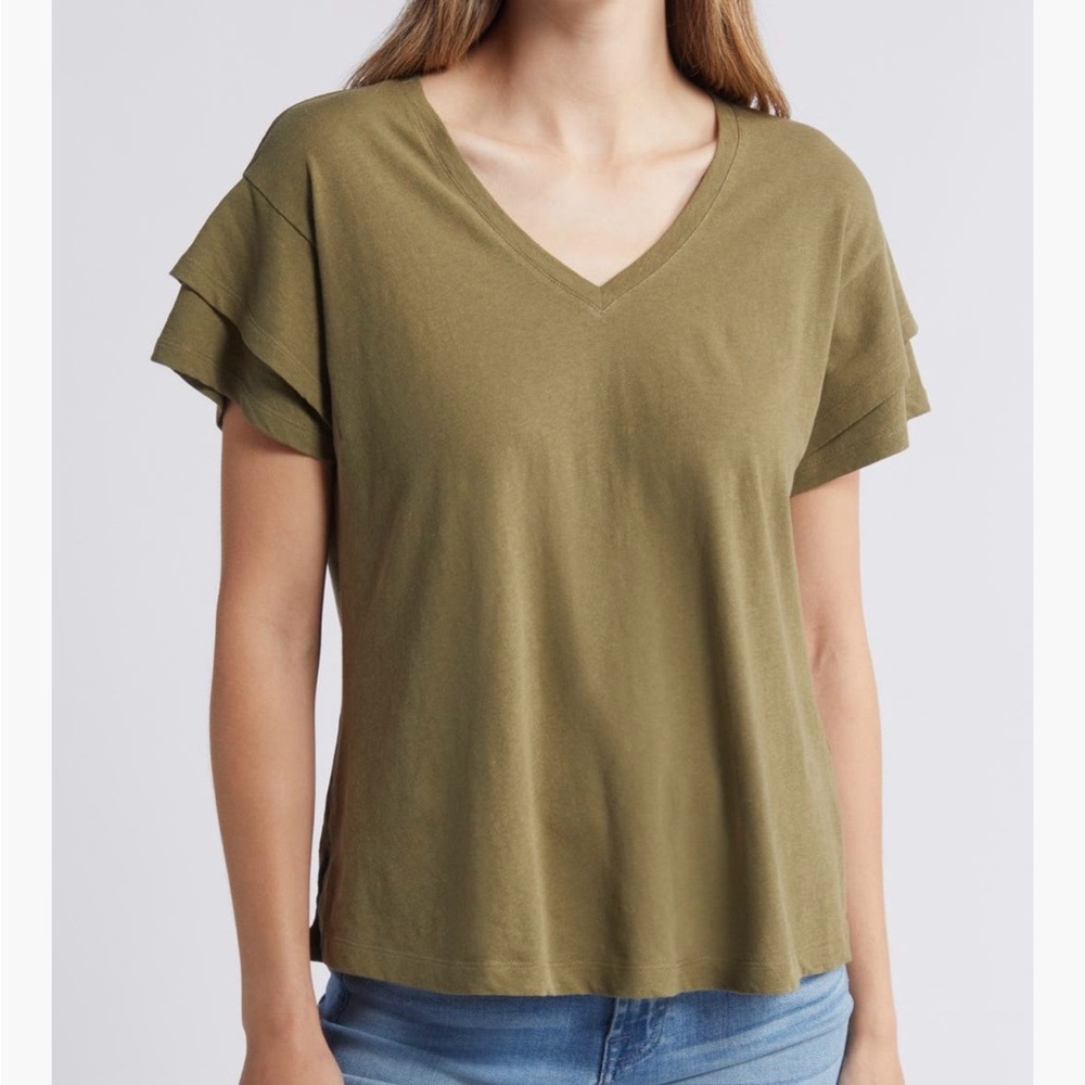NWT! Olive Linen Flutter Sleeve Women's Tee